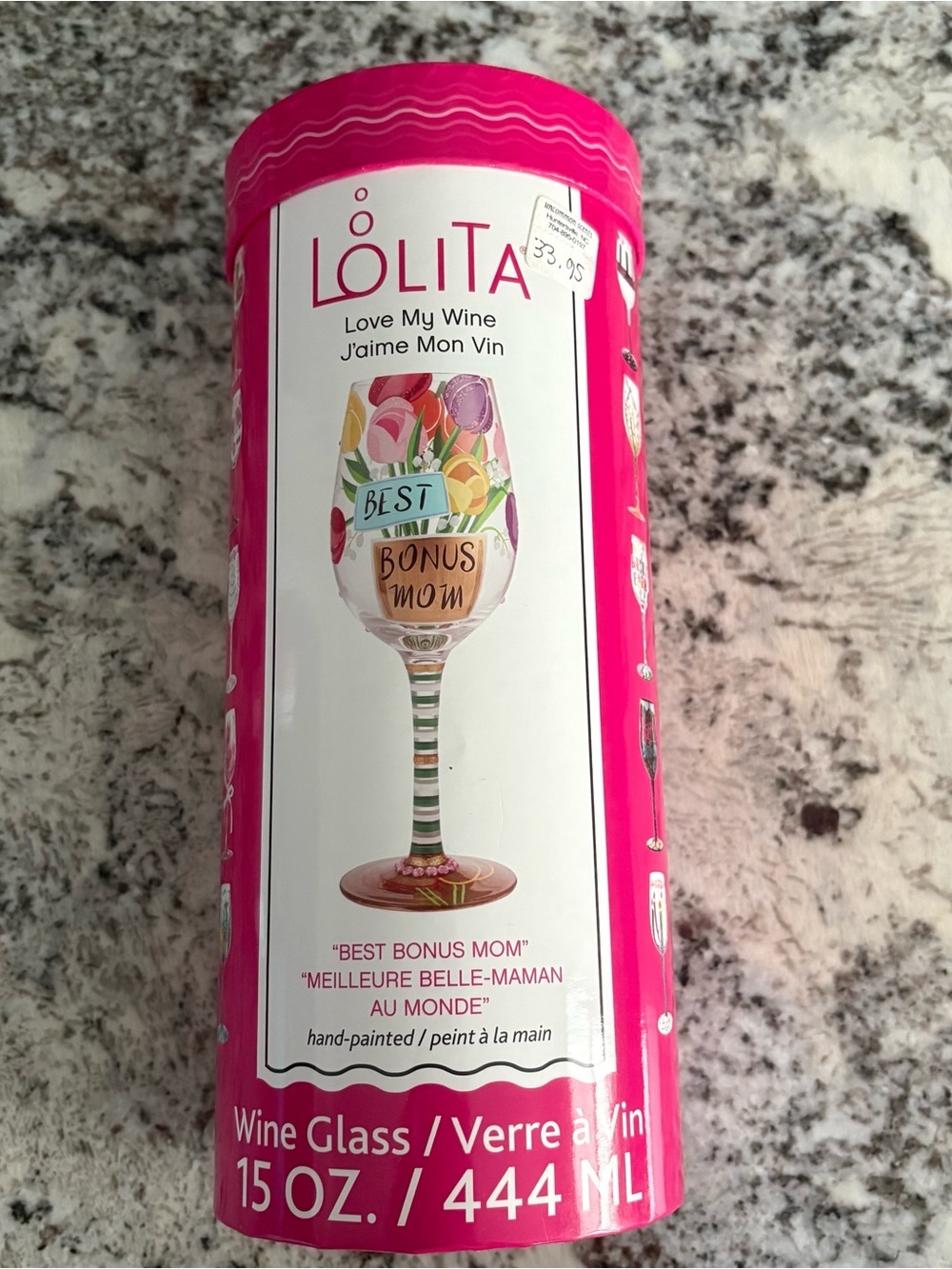 Lolita BEST BONUS MOM, WINE GLASS, HAND-PAINTED STEP MOM GIFT NEW IN BOX